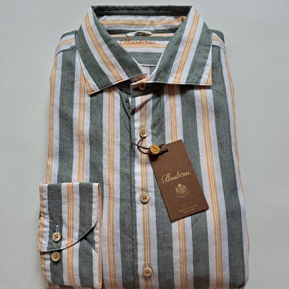 NEW Stenstroms Striped Green Orange Button Down Linen Cotton Dress Shirt Size L - Picture 1 of 16